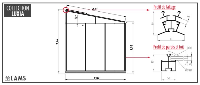 Abri de jardin aluminium fermé sur 3 côtés, surface 7.20m²
